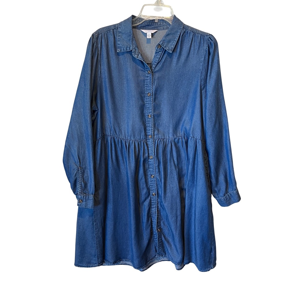 Womens Blue Lyocell Denim Babydoll Shirt Dress Size Large Pockets